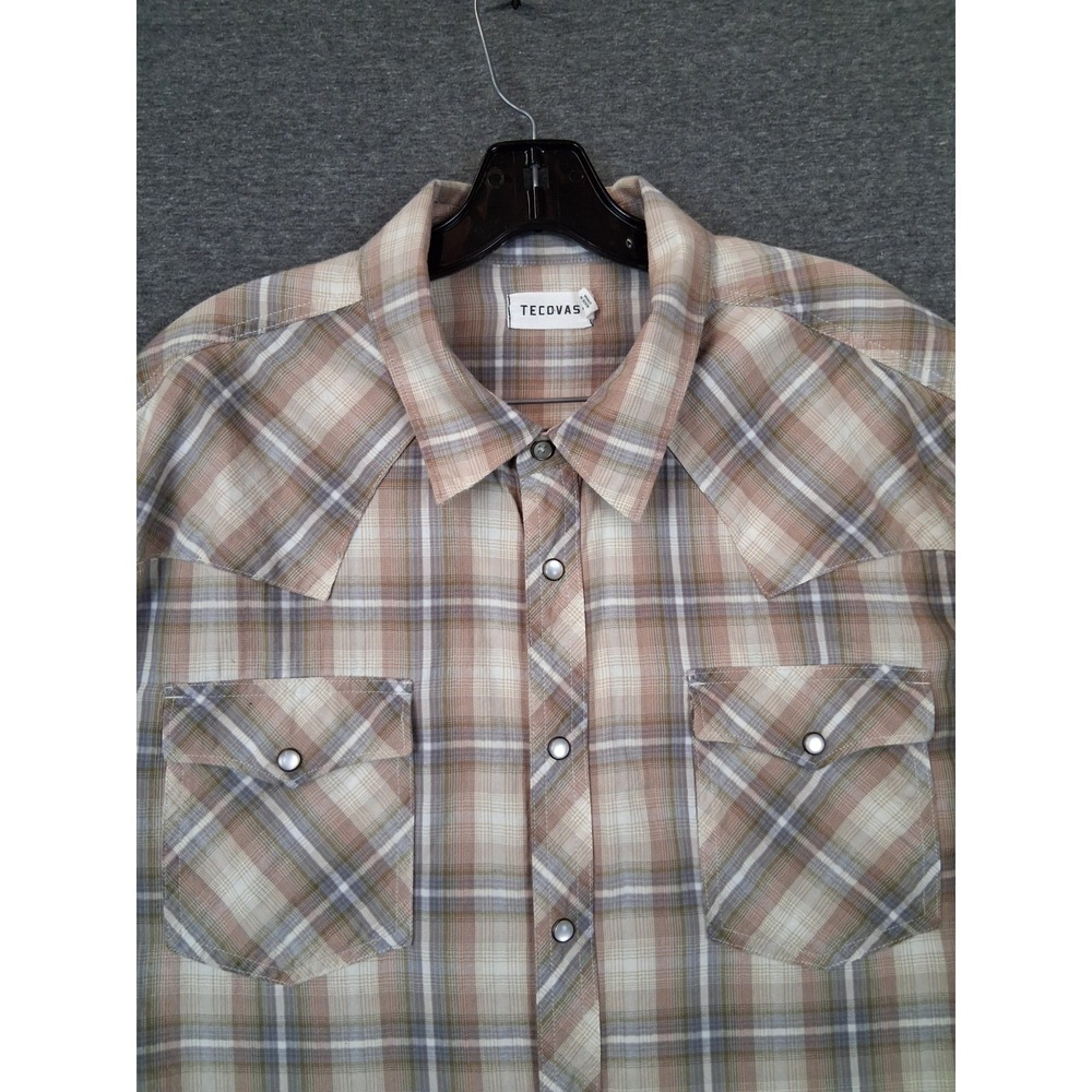 Tecovas Mens Shirt XL Tan Plaid Pearl Snap Western Ranch Cowboy Rodeo Yoke